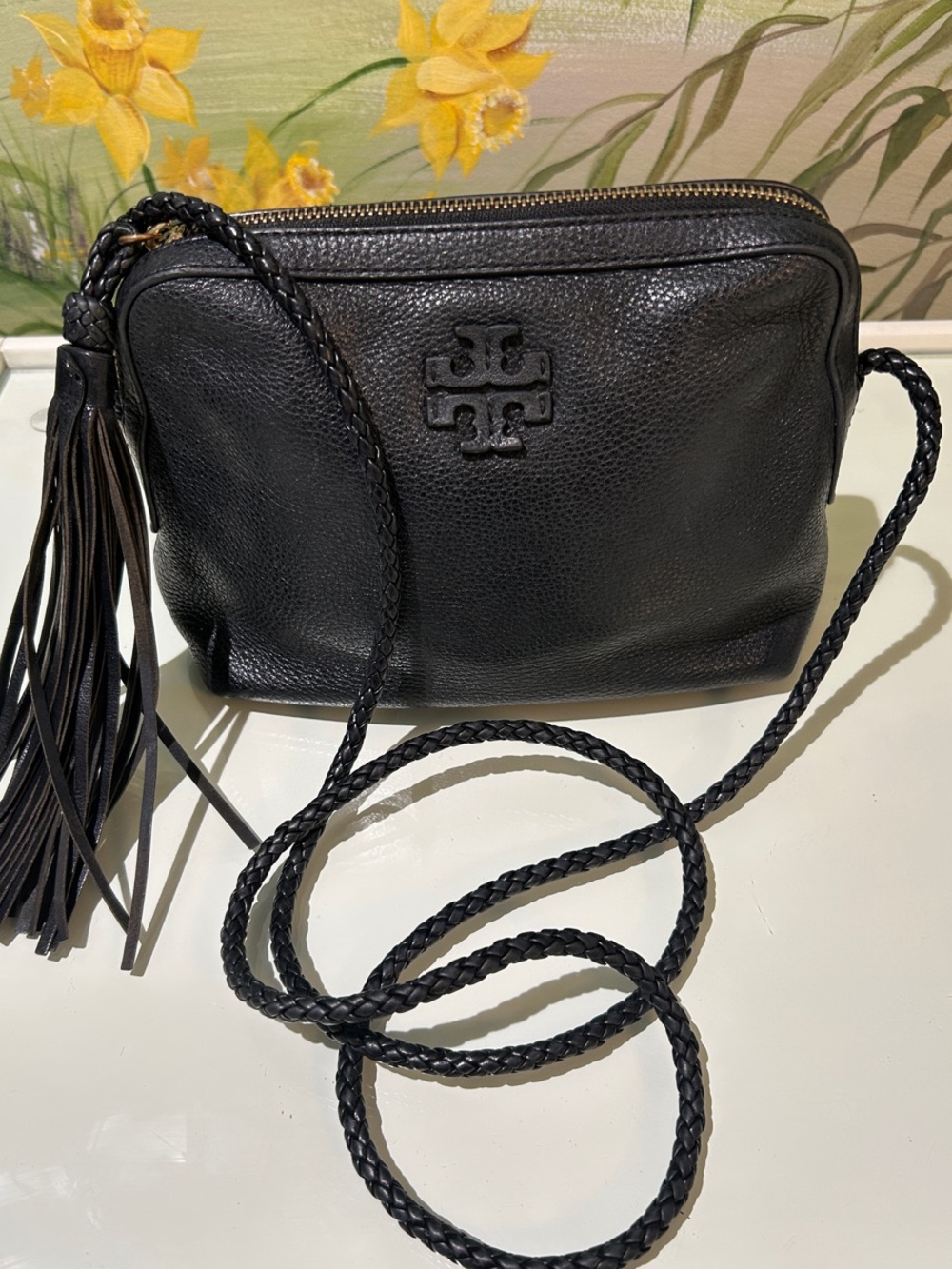 Tory Burch Black Pebbled Leather Camera Crossbody Bag with Tassel
